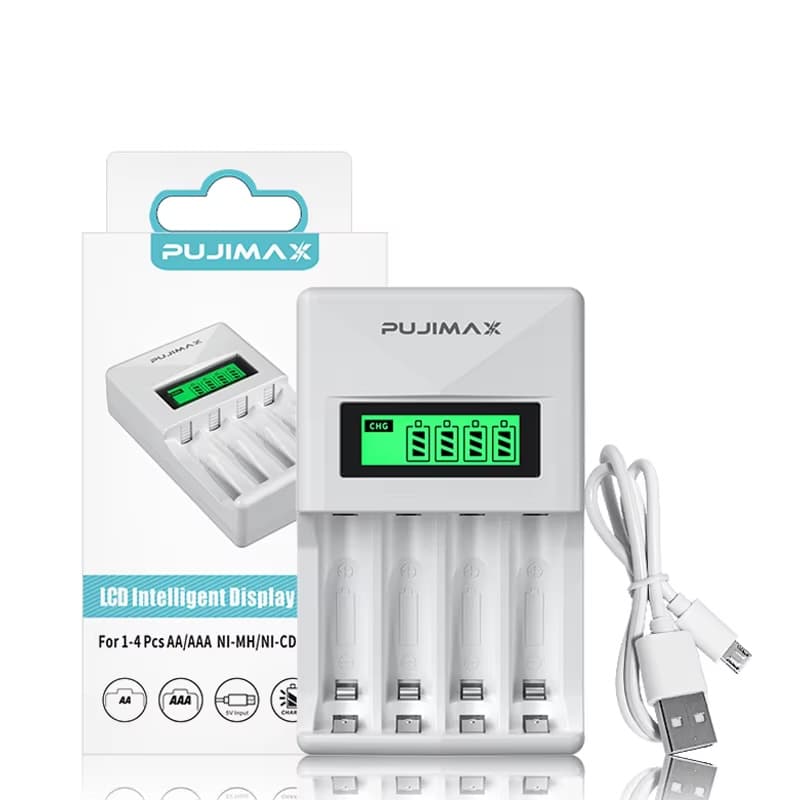 PUJIMAX four-slot LCD battery charger with Type-C input